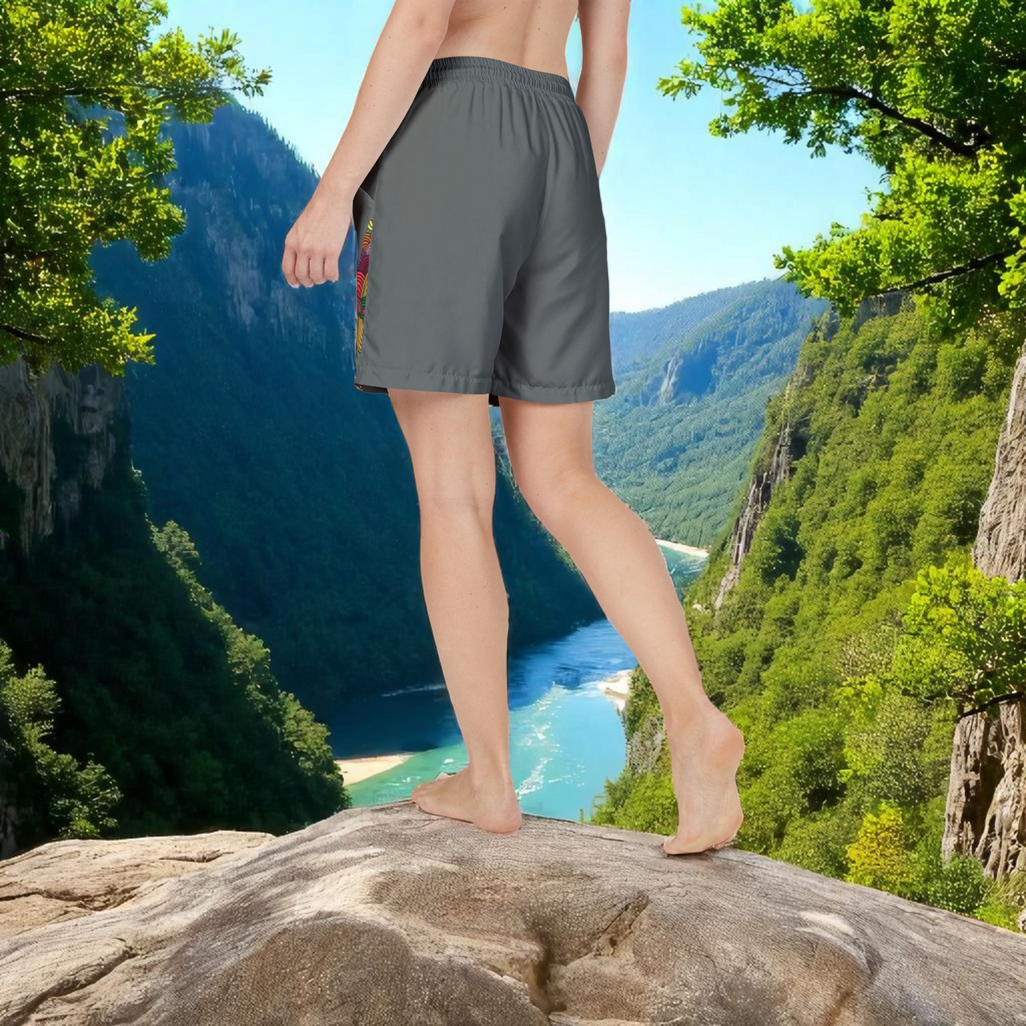 Badged Graphic Swim Shorts, Unisex Beachwear, Summer Essentials, Pool Party Attire