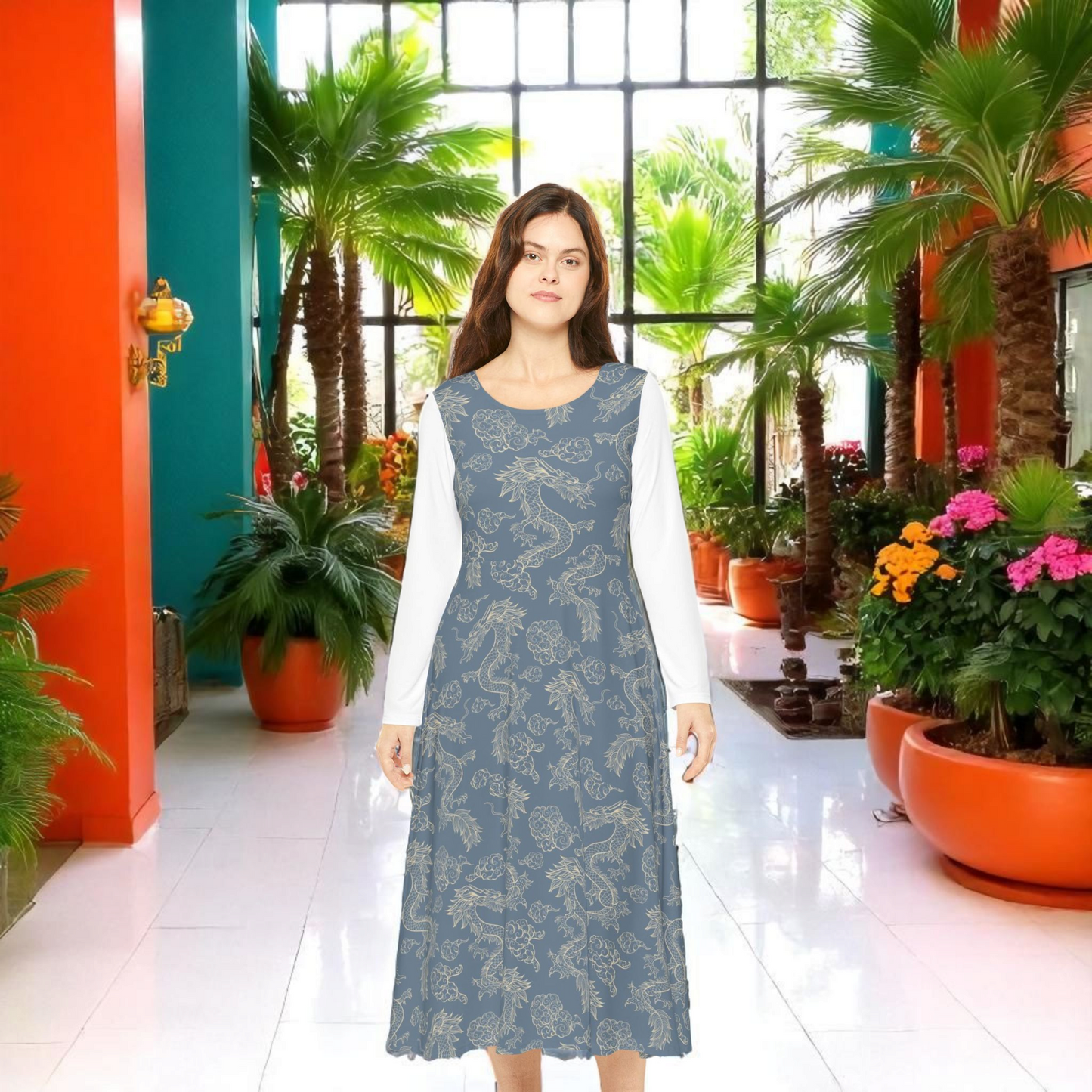 Elegant Women's Long Sleeve Dance Dress, Ballet Dress, Floral Print Dress, Dancewear