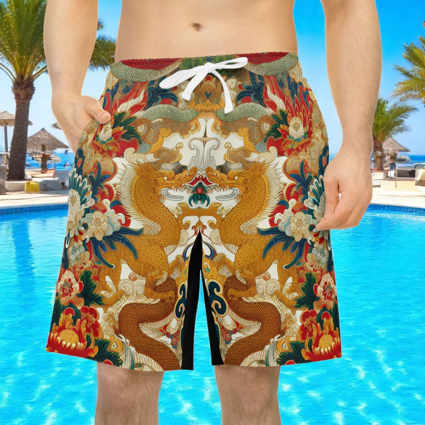 Vibrant Unisex Athletic Shorts for Summer Fun, Dragon Print Gym Shorts, Casual Long Shorts