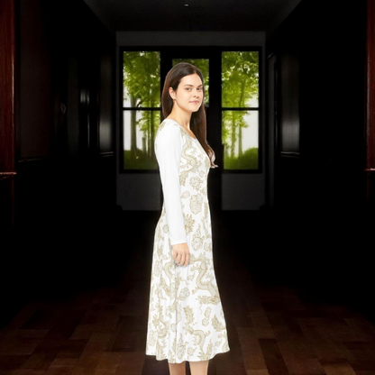 Elegant Dragon Print Long Sleeve Dance Dress | Boho Style, Dance Wear, Vintage Inspired