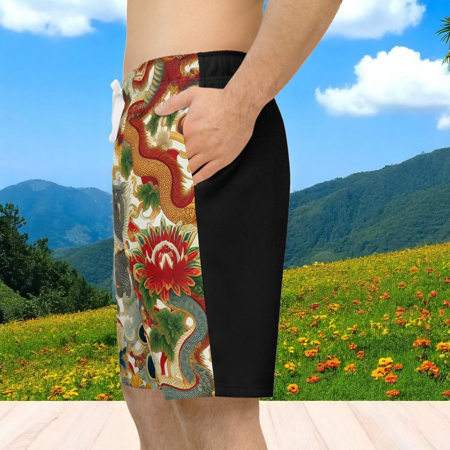 Vibrant Unisex Athletic Shorts for Summer Fun, Dragon Print Gym Shorts, Casual Long Shorts