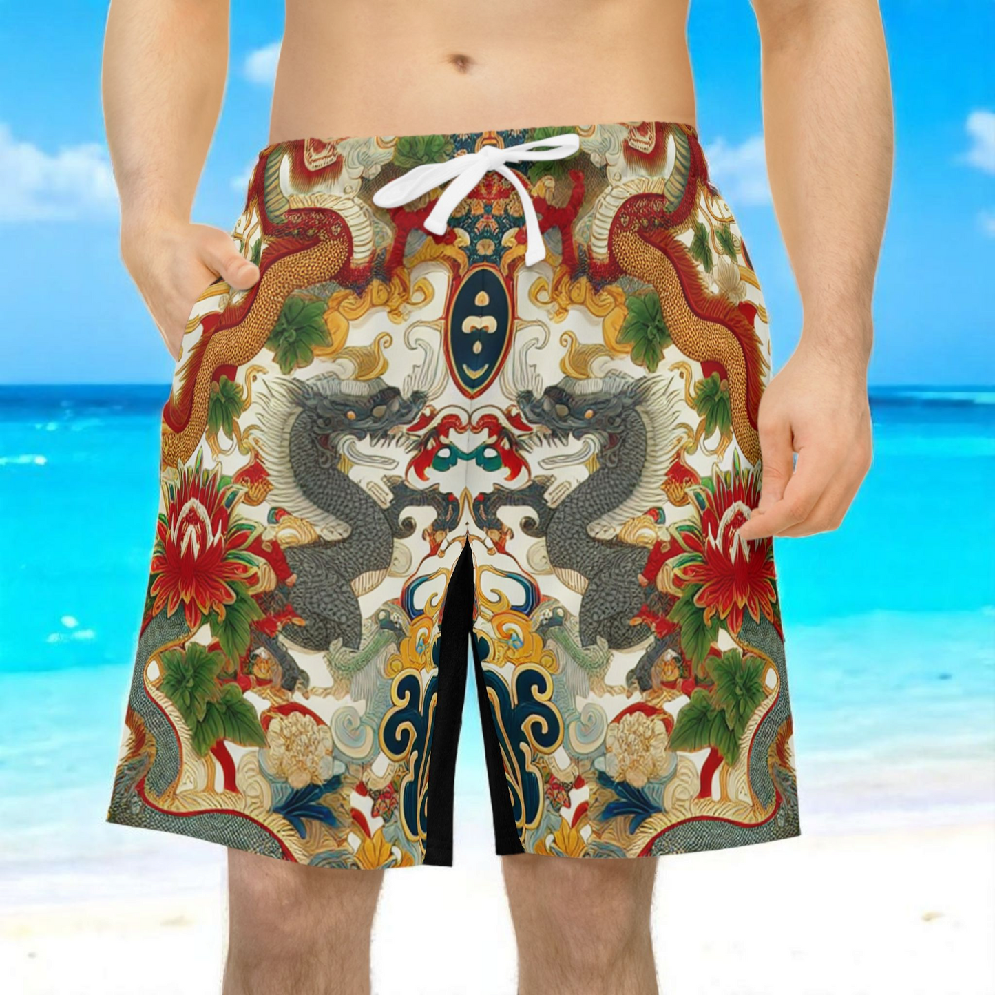 Vibrant Unisex Athletic Shorts for Summer Fun, Dragon Print Gym Shorts, Casual Long Shorts
