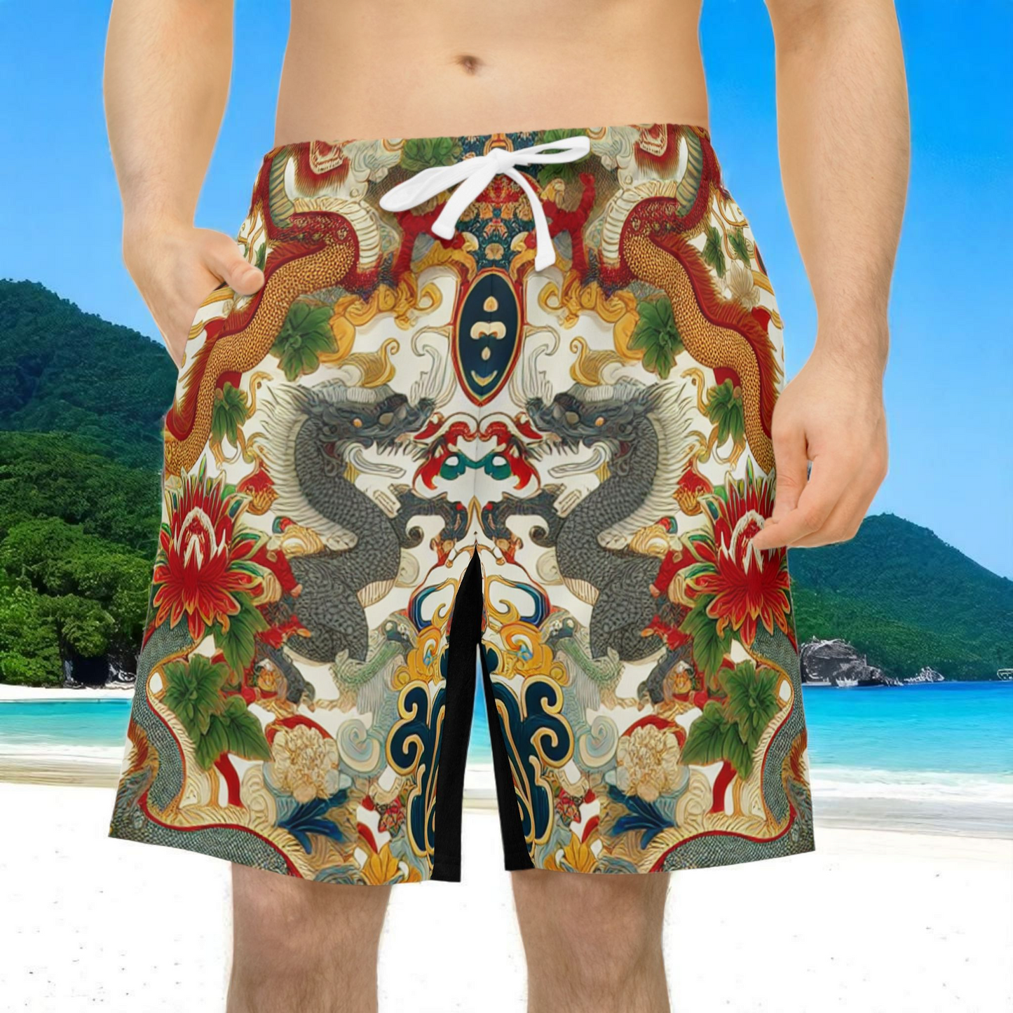 Vibrant Unisex Athletic Shorts for Summer Fun, Dragon Print Gym Shorts, Casual Long Shorts