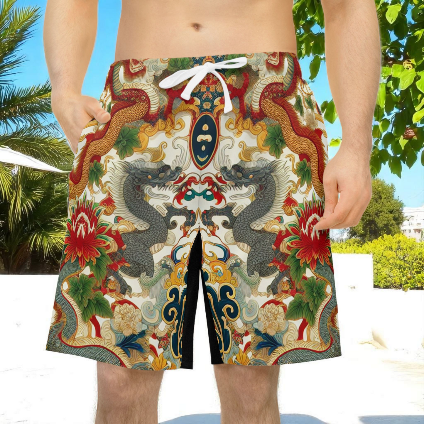 Vibrant Unisex Athletic Shorts for Summer Fun, Dragon Print Gym Shorts, Casual Long Shorts