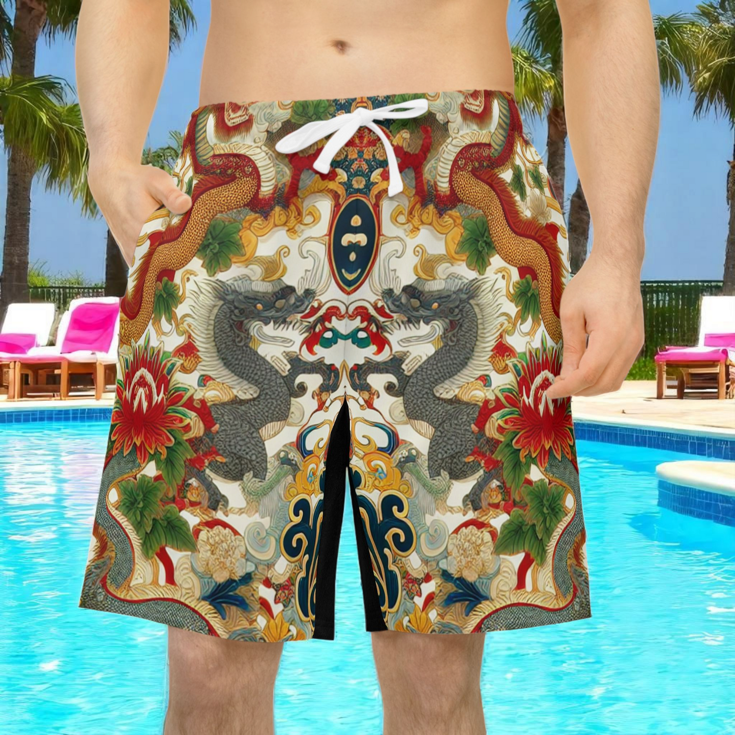 Vibrant Unisex Athletic Shorts for Summer Fun, Dragon Print Gym Shorts, Casual Long Shorts