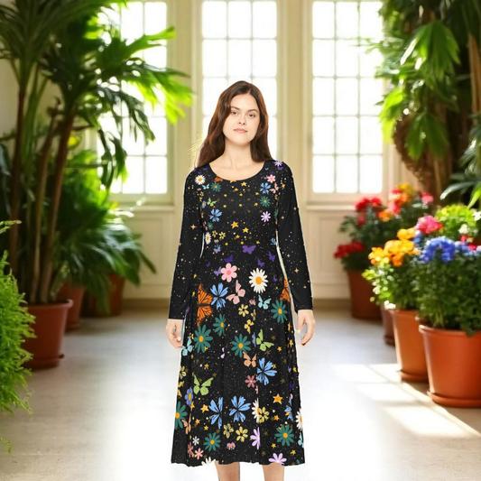 Celestial Floral Long Sleeve Dance Dress - Perfect for Parties, Events, Spring Celebrations