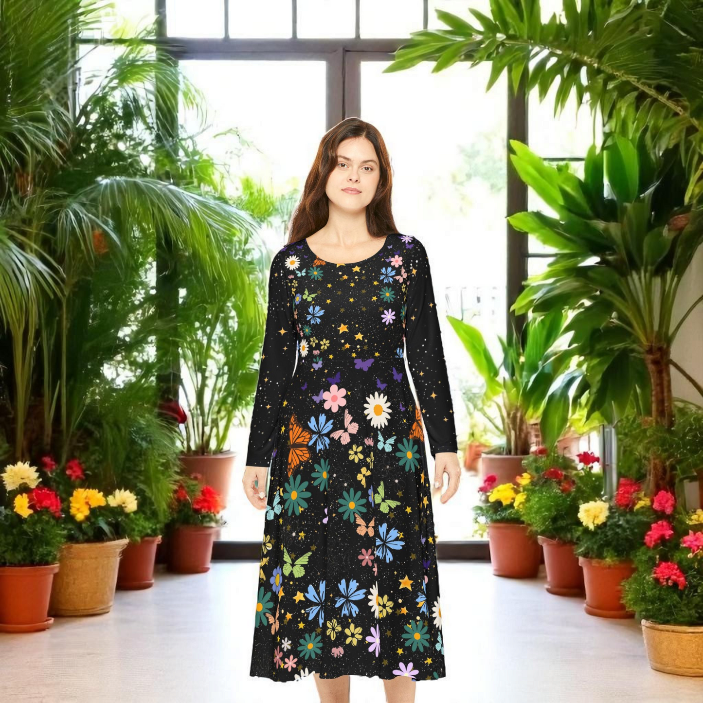 Celestial Floral Long Sleeve Dance Dress - Perfect for Parties, Events, Spring Celebrations