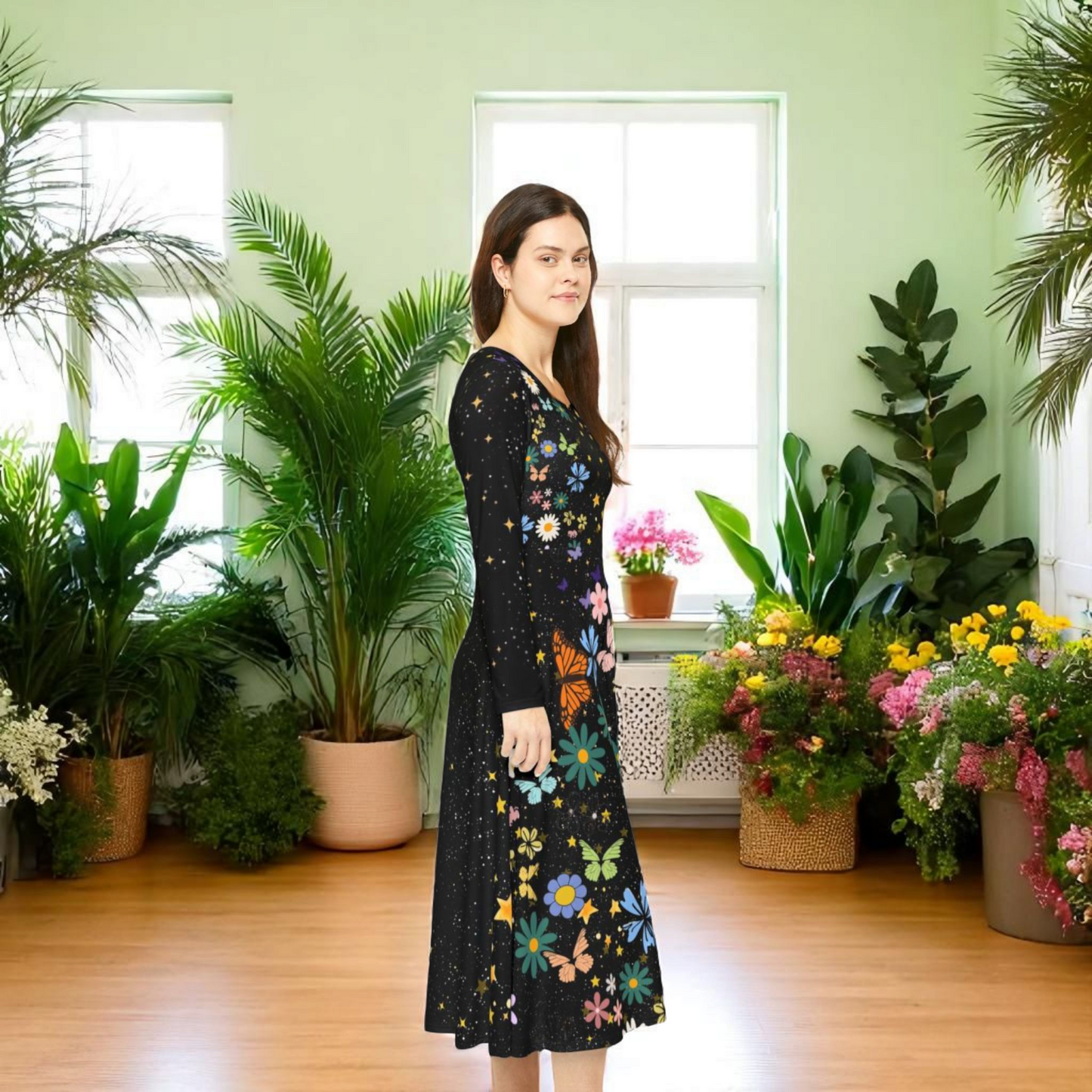 Celestial Floral Long Sleeve Dance Dress - Perfect for Parties, Events, Spring Celebrations