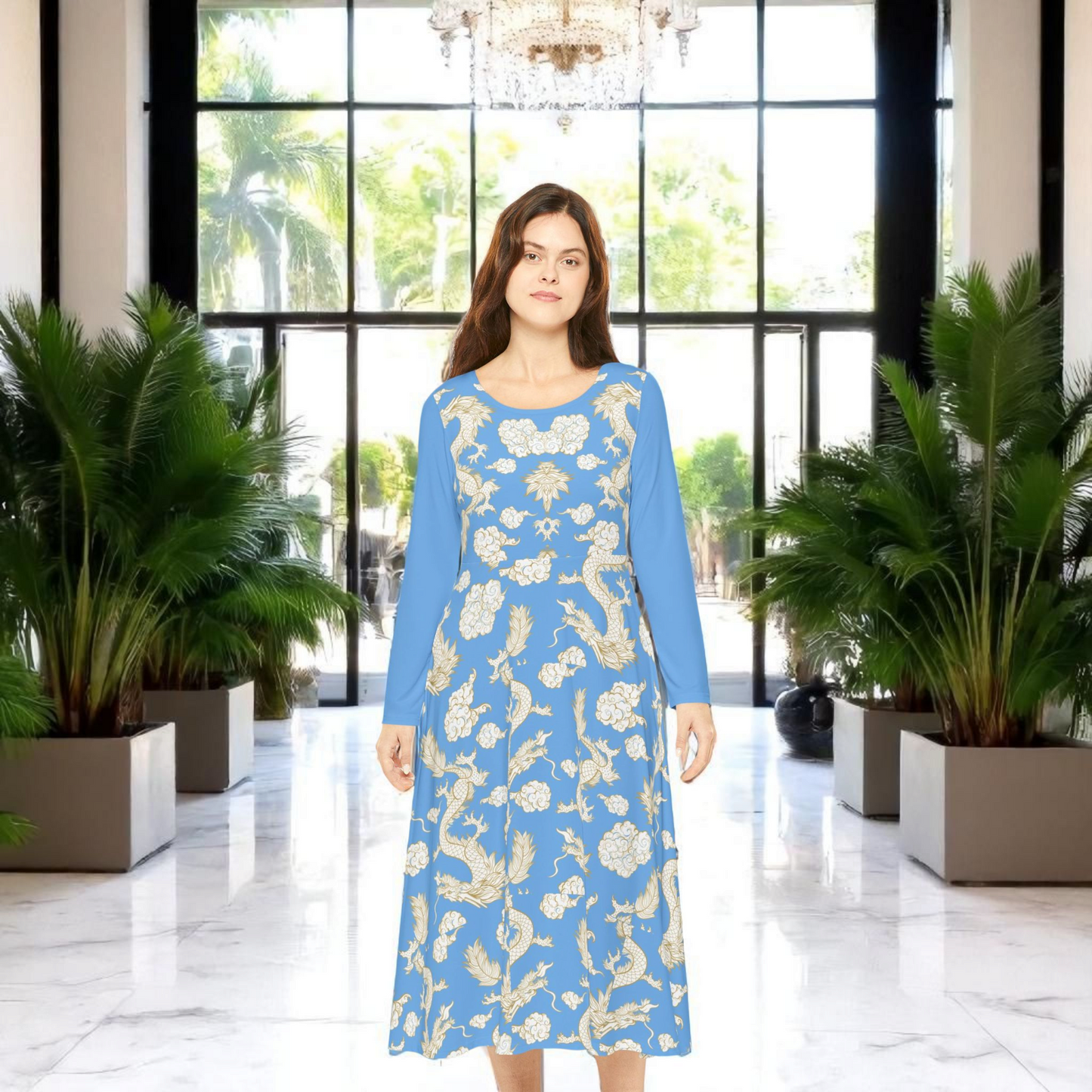 Beautiful Dragon Print Long Sleeve Dance Dress | Boho Style, Dance Wear, Vintage Inspired