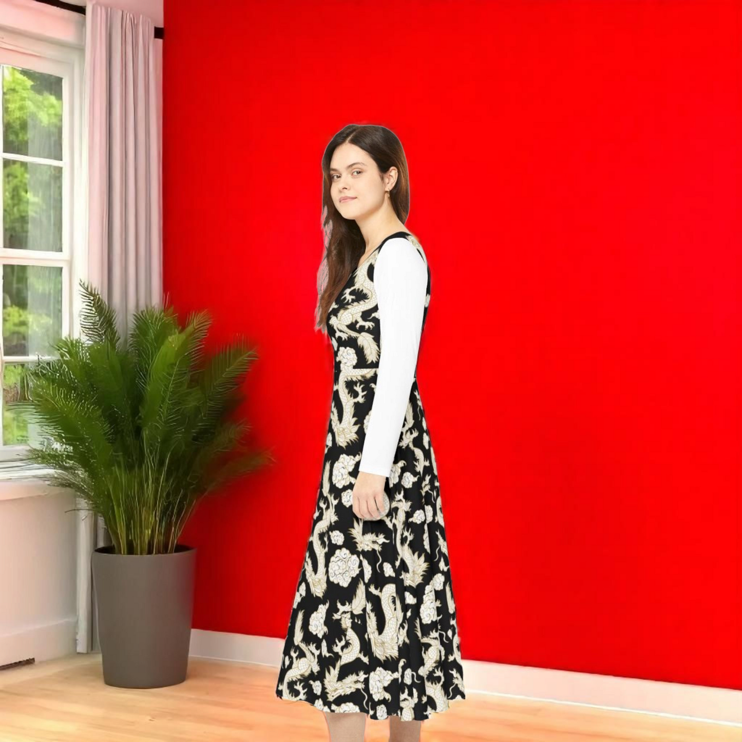 Elegant Dragon Print Long Sleeve Dance Dress | Boho Style, Dance Wear, Vintage Inspired