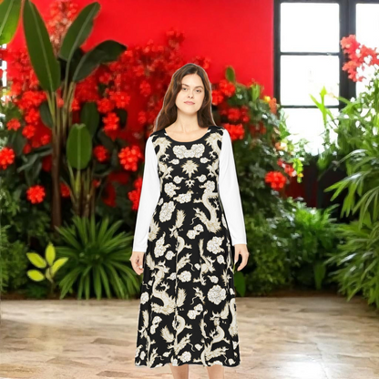 Elegant Dragon Print Long Sleeve Dance Dress | Boho Style, Dance Wear, Vintage Inspired