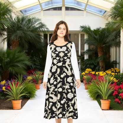 Elegant Dragon Print Long Sleeve Dance Dress | Boho Style, Dance Wear, Vintage Inspired
