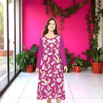 Pink Floral & Gragon Print Long Sleeve Dance Dress | Boho Style, Vintage Inspired