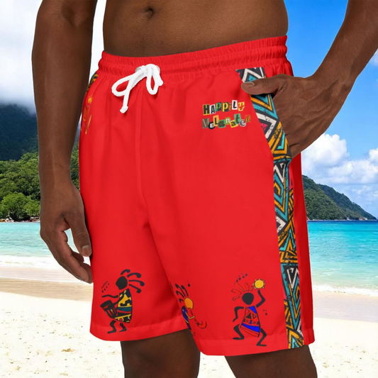 Unisex Afro Boho Swim Shorts with Colorful Tribal Prints, Summer Beachwear