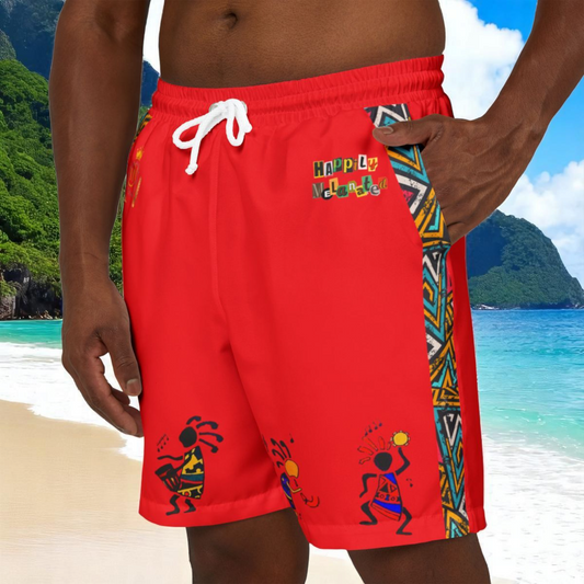 Unisex Afro Boho Swim Shorts with Colorful Tribal Prints, Summer Beachwear