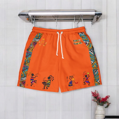 Unisex Afro Boho Swim Shorts with Colorful Tribal Prints, Summer Beachwear