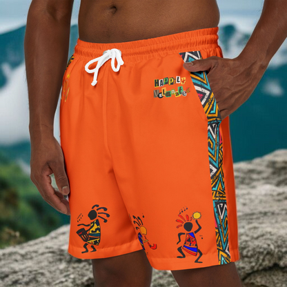 Unisex Afro Boho Swim Shorts with Colorful Tribal Prints, Summer Beachwear