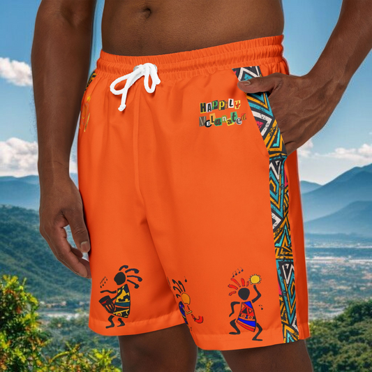 Unisex Afro Boho Swim Shorts with Colorful Tribal Prints, Summer Beachwear