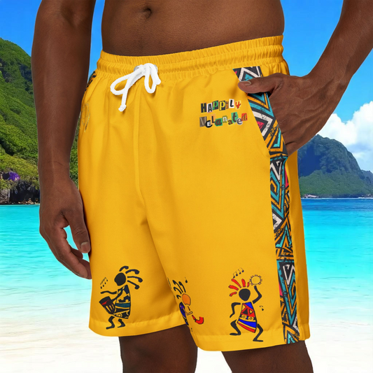 Unisex Afro Boho Swim Shorts with Colorful Tribal Prints, Summer Beachwear