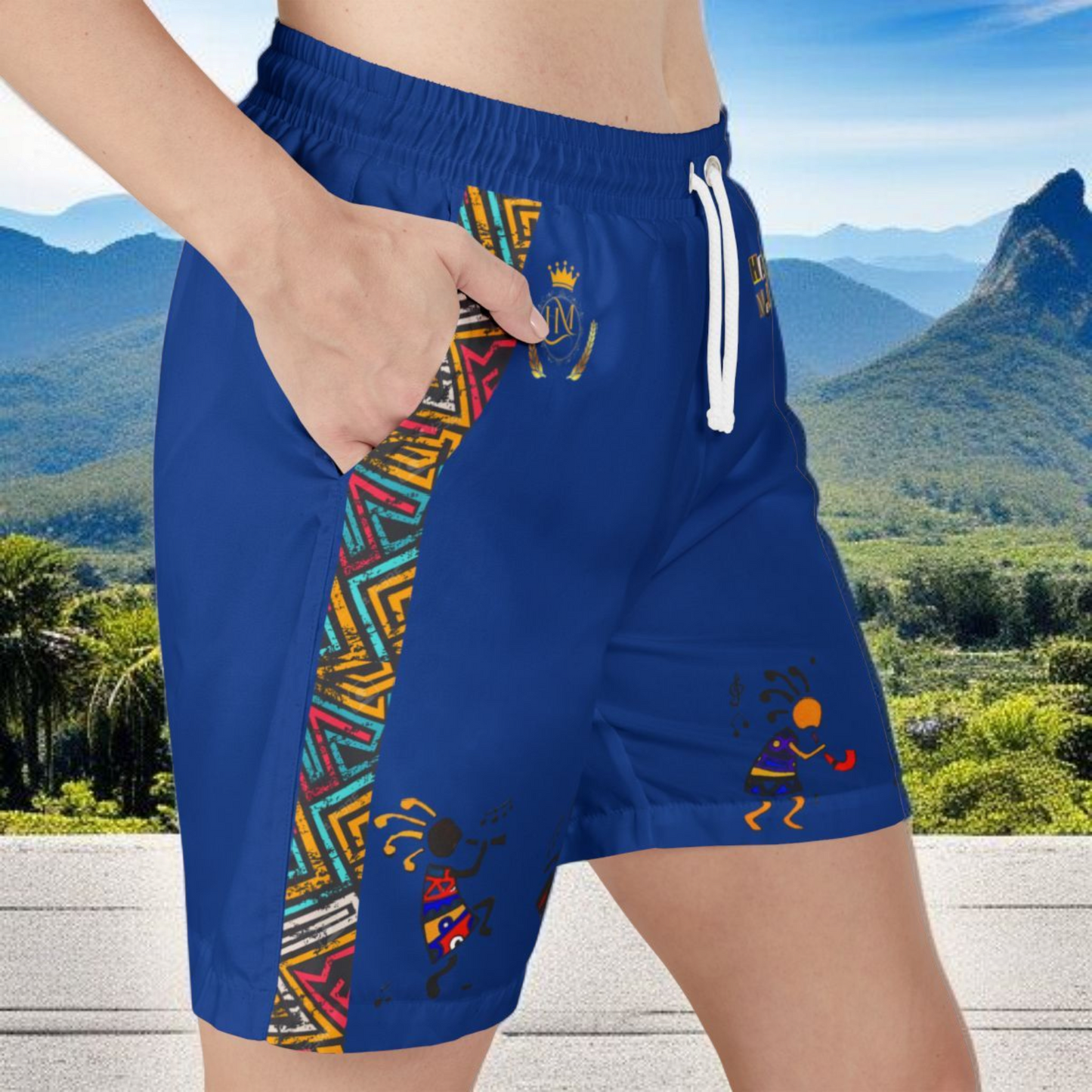 Unisex Boho Swim Shorts with Colorful Tribal Prints, Summer Beachwear