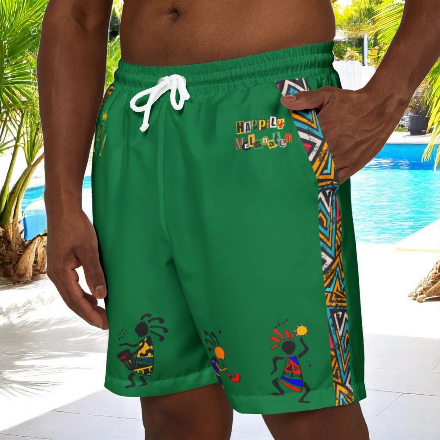 Unisex Afro Music Swim Shorts with Colorful Tribal Prints, Summer Beachwear
