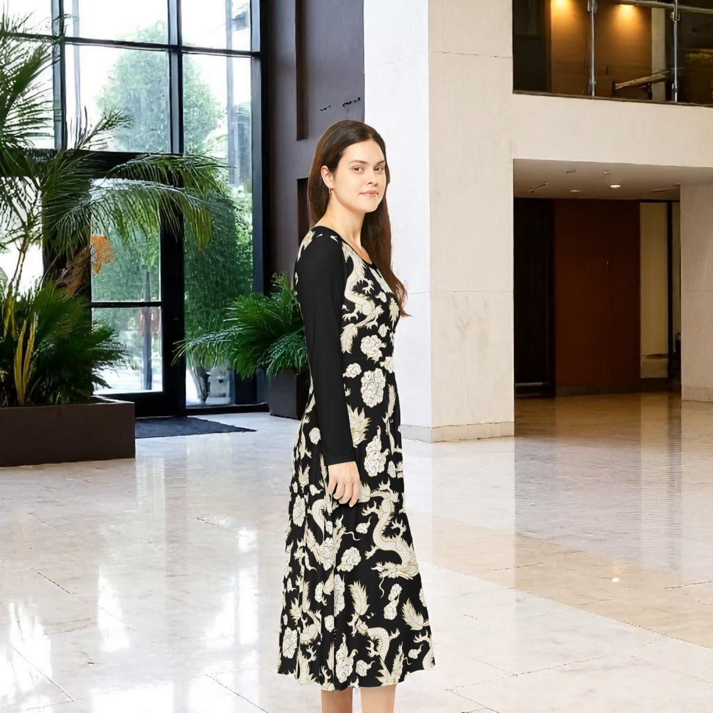 Beautiful Dragon Long Sleeve Dance Dress | Boho Style, Dance Wear, Vintage Inspired, Garden Party Dress, Mother’s Day Gift