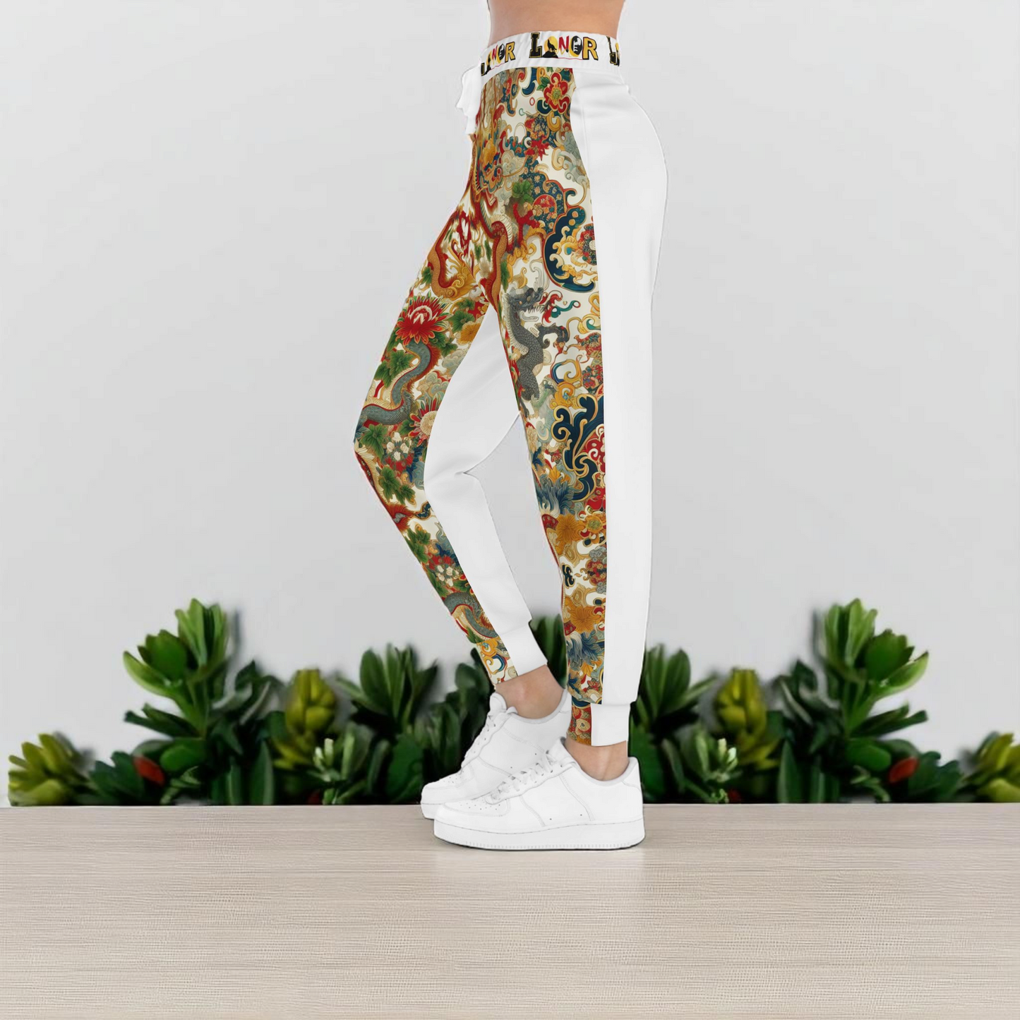 Vibrant Floral Dragon Print Athletic Joggers, Comfortable Sweatpants for Gym