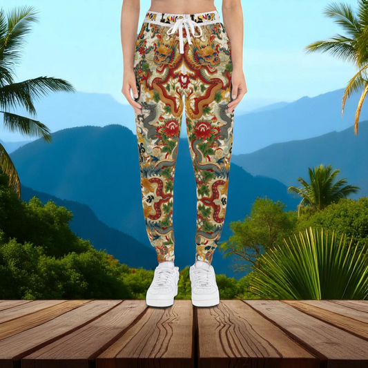 Vibrant Floral Dragon Print Athletic Joggers, Comfortable Sweatpants for Gym