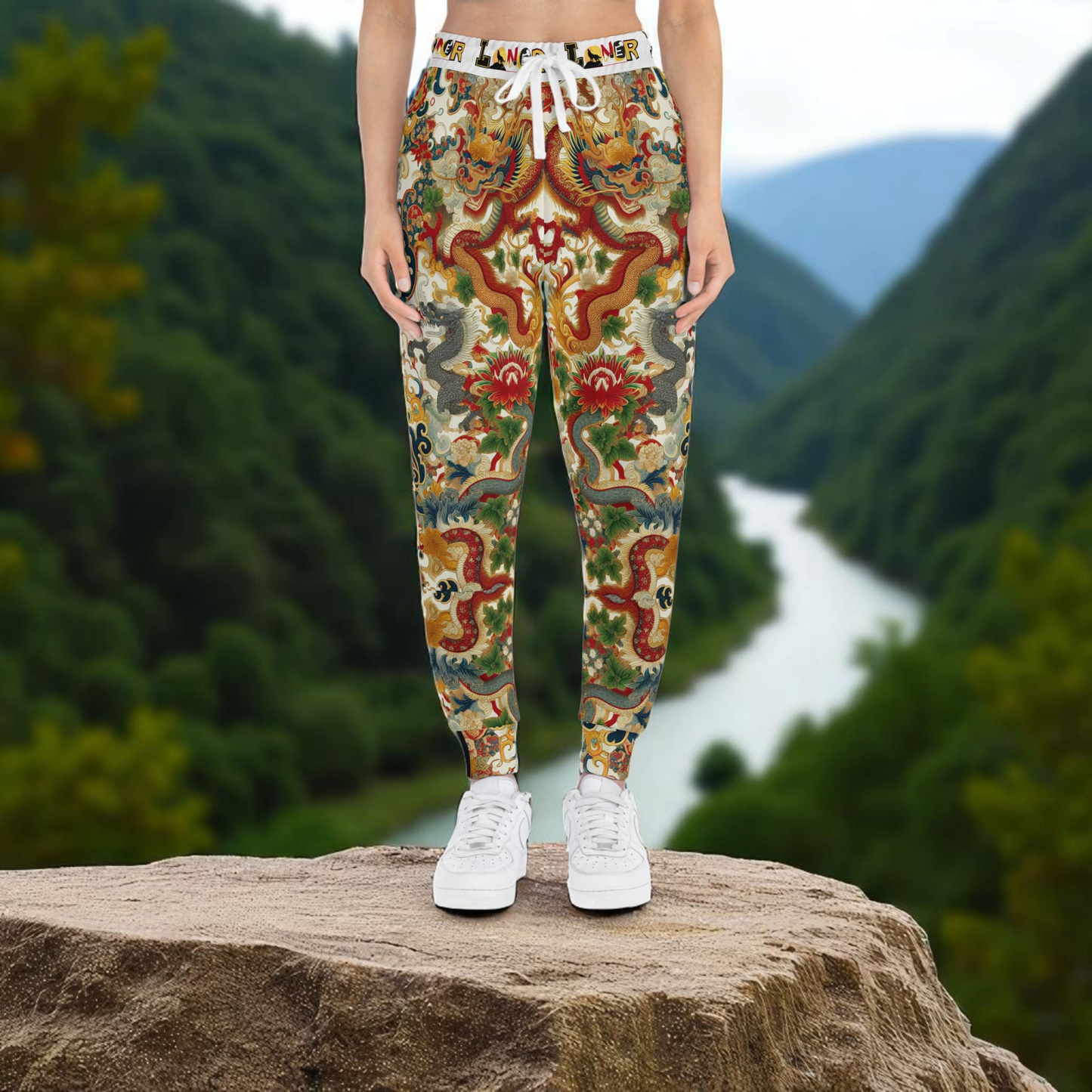 Vibrant Floral Dragon Print Athletic Joggers, Comfortable Sweatpants for Gym