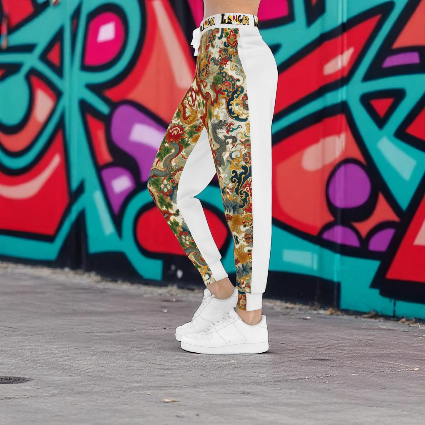 Vibrant Floral Dragon Print Athletic Joggers, Comfortable Sweatpants for Gym
