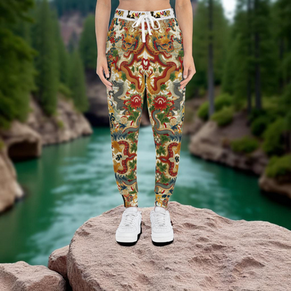 Vibrant Floral Dragon Print Athletic Joggers, Comfortable Sweatpants for Gym
