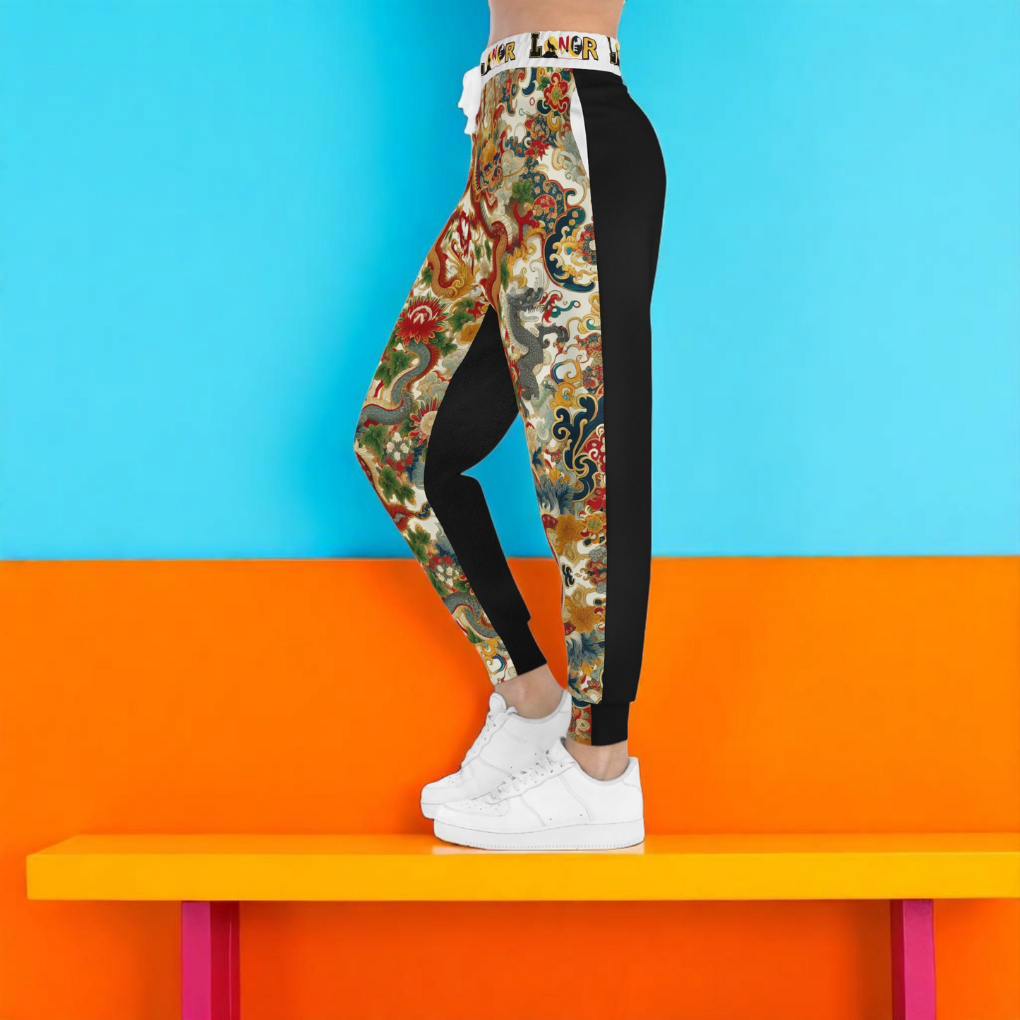 Vibrant Floral Dragon Print Athletic Joggers, Comfortable Unisex Sweatpants