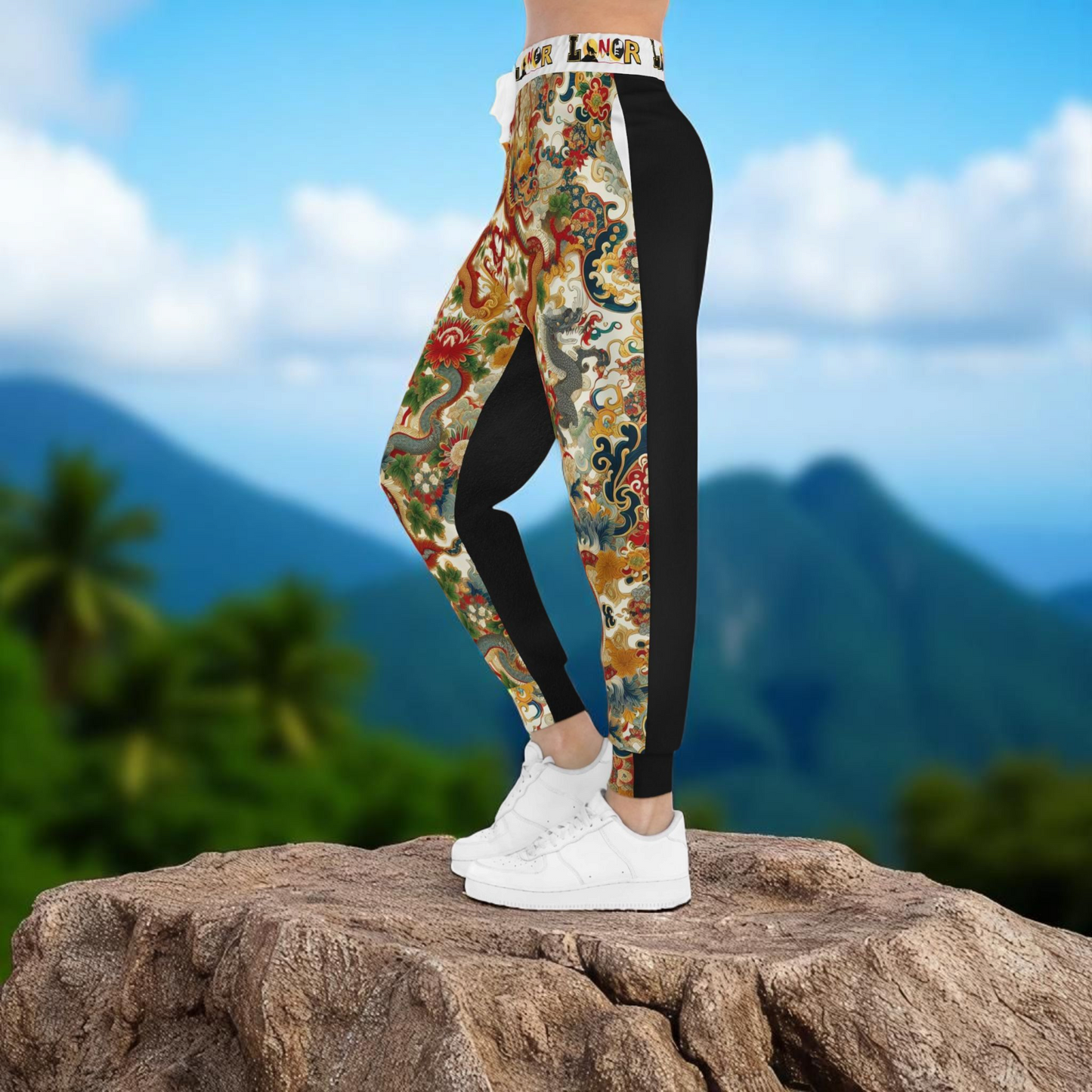 Vibrant Floral Dragon Print Athletic Joggers, Comfortable Unisex Sweatpants