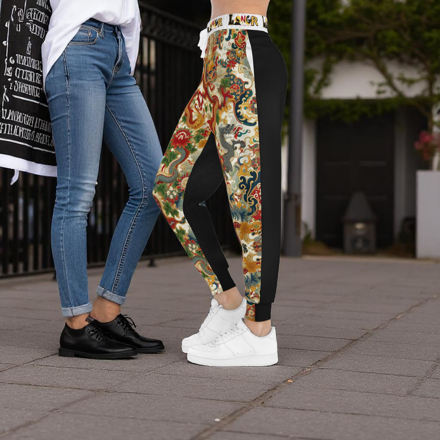 Vibrant Floral Dragon Print Athletic Joggers, Comfortable Unisex Sweatpants