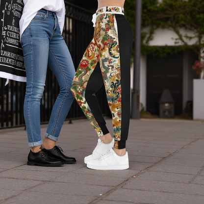 Vibrant Floral Dragon Print Athletic Joggers, Comfortable Unisex Sweatpants