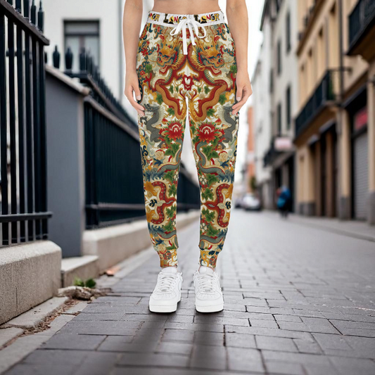 Vibrant Floral Dragon Print Athletic Joggers, Comfortable Unisex Sweatpants