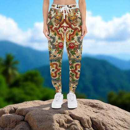 Vibrant Floral Dragon Print Athletic Joggers, Comfortable Unisex Sweatpants