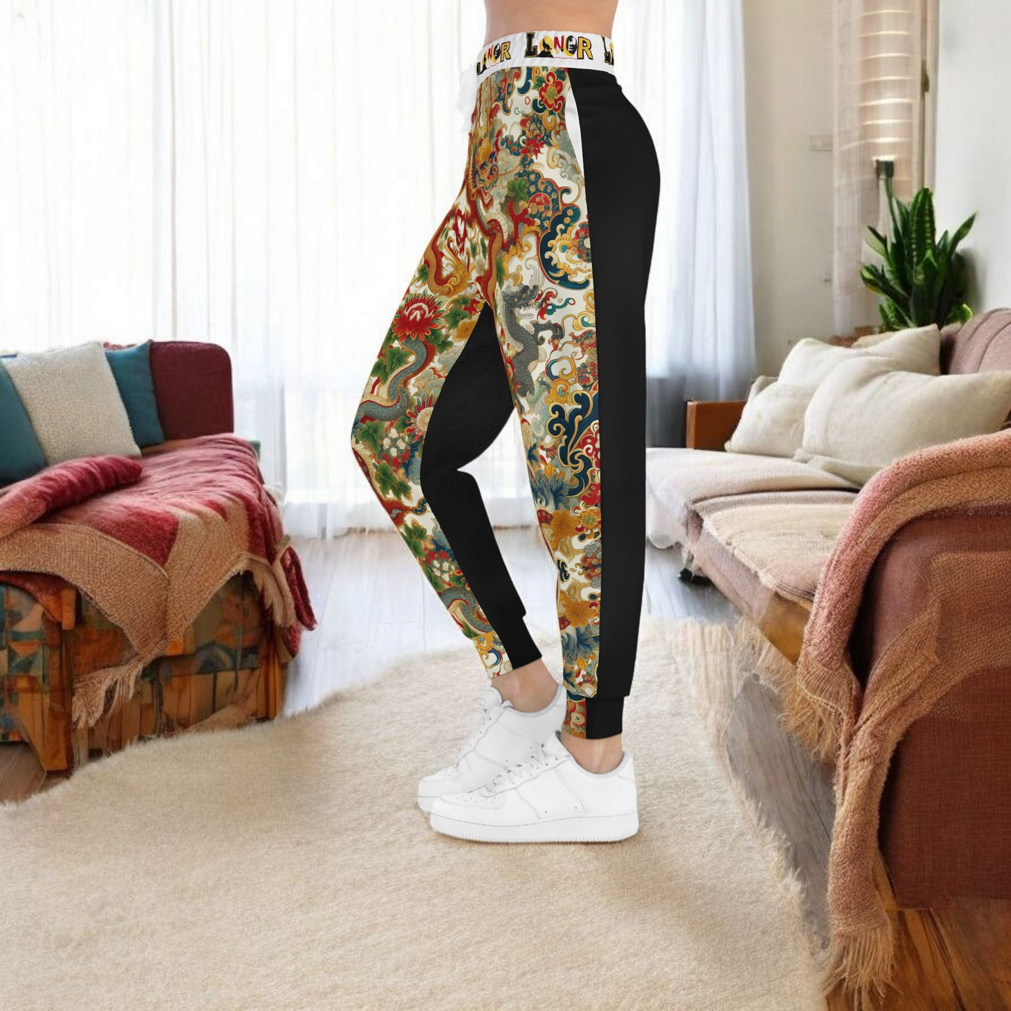 Vibrant Floral Dragon Print Athletic Joggers, Comfortable Unisex Sweatpants