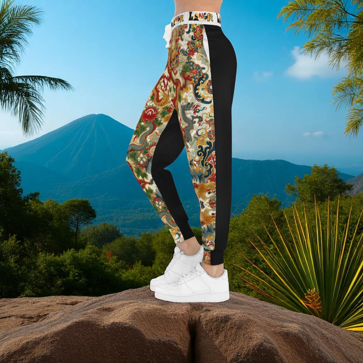 Vibrant Floral Dragon Print Athletic Joggers, Comfortable Unisex Sweatpants