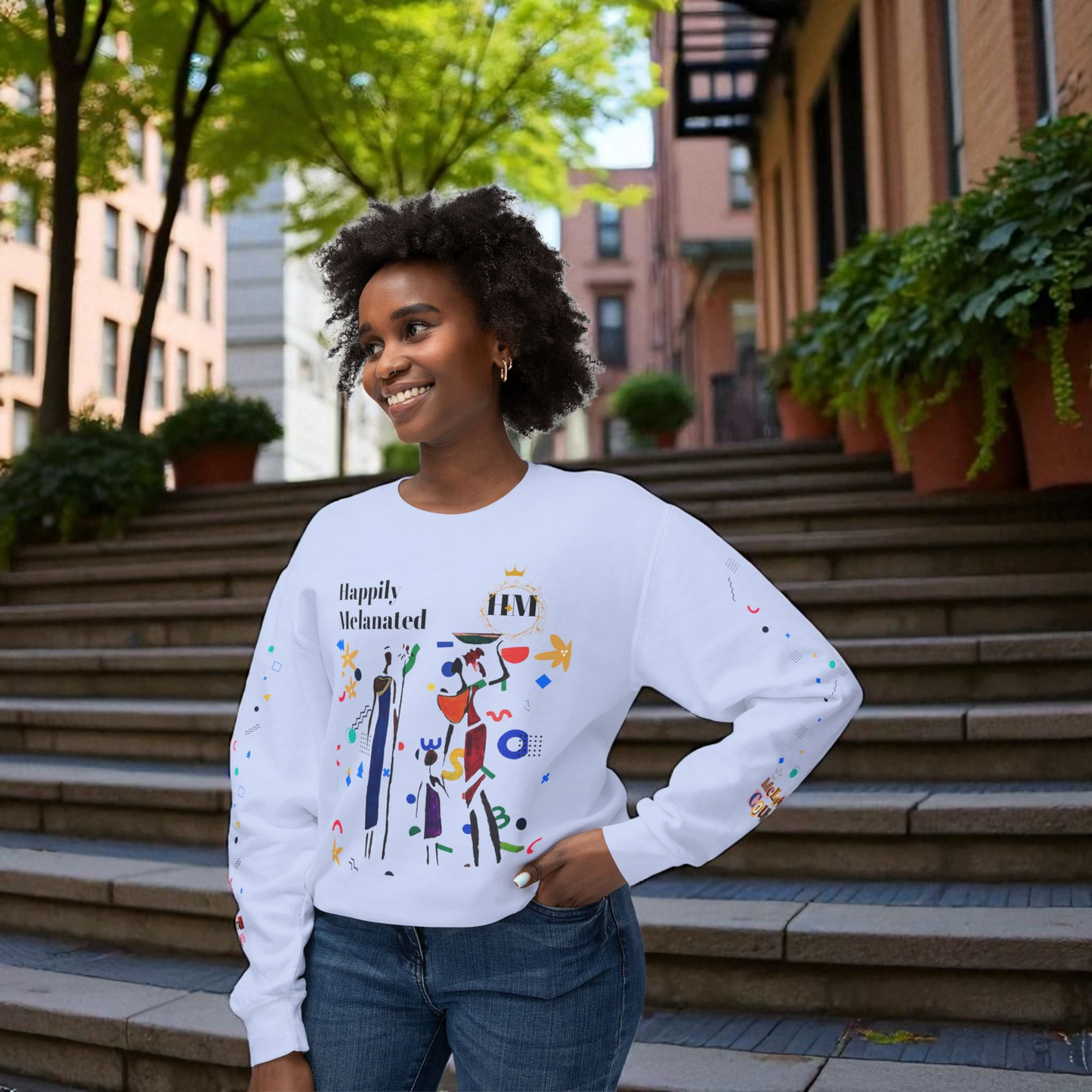 Bold Ethnic Unisex Light Weight Crewneck, Hand-drawn Tribal Family Doodle Design