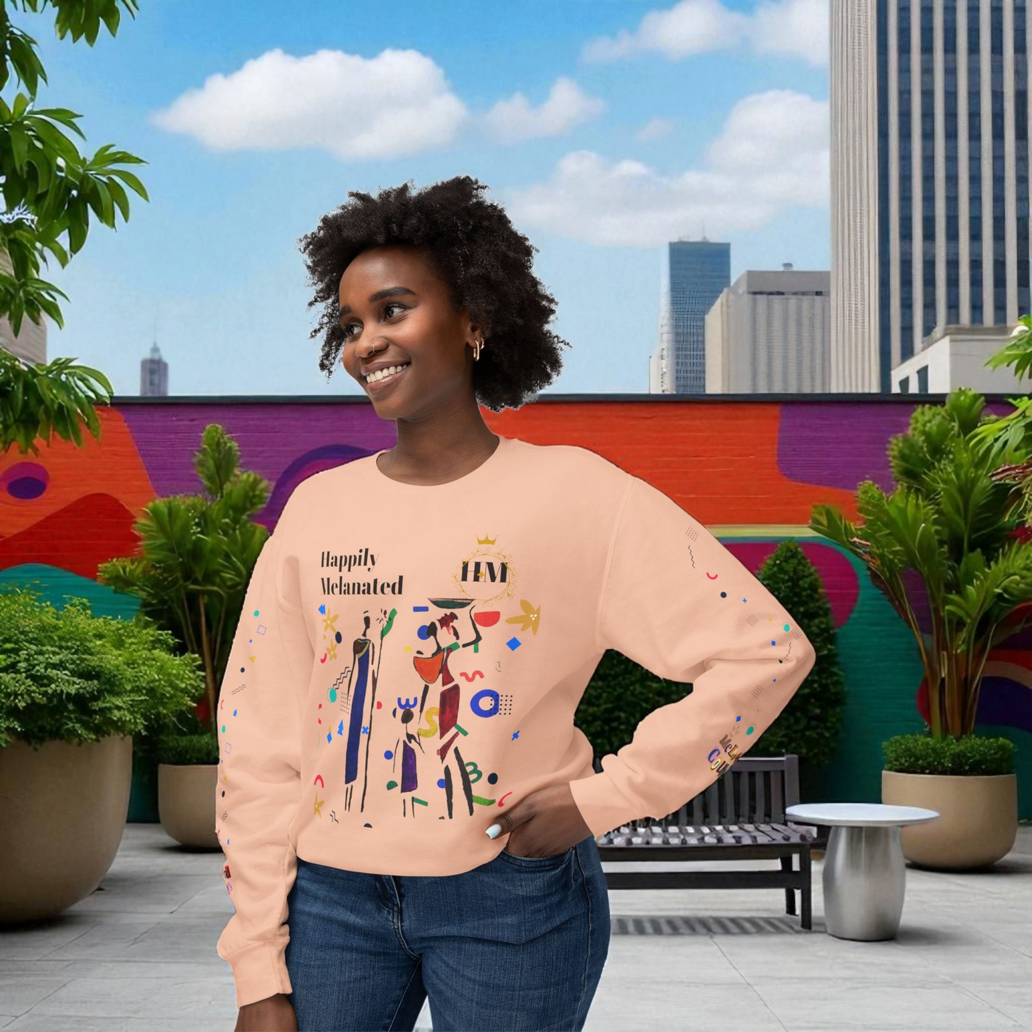Bold Ethnic Unisex Light Weight Crewneck, Hand-drawn Tribal Family Doodle Design
