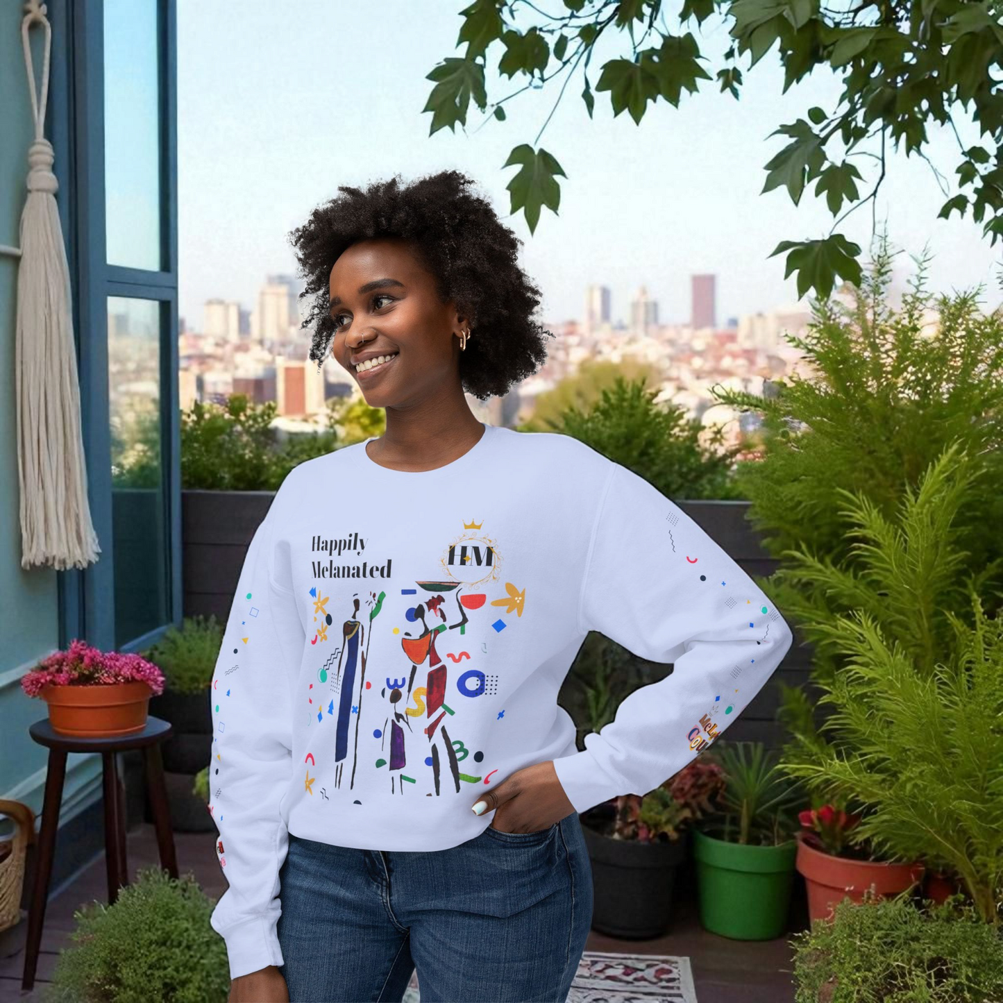 Bold Ethnic Unisex Light Weight Crewneck, Hand-drawn Tribal Family Doodle Design