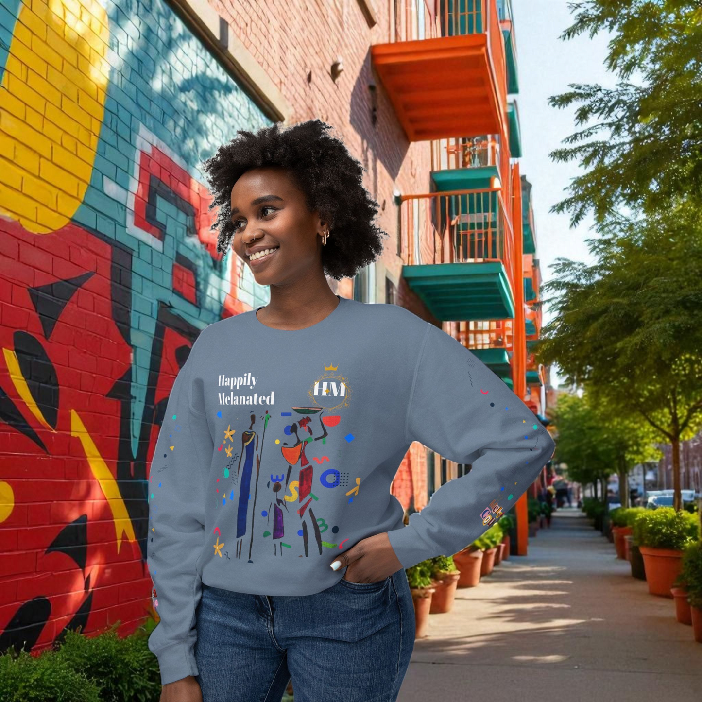 Bold Ethnic Unisex Light Weight Crewneck, Hand-drawn Tribal Family Doodle Design