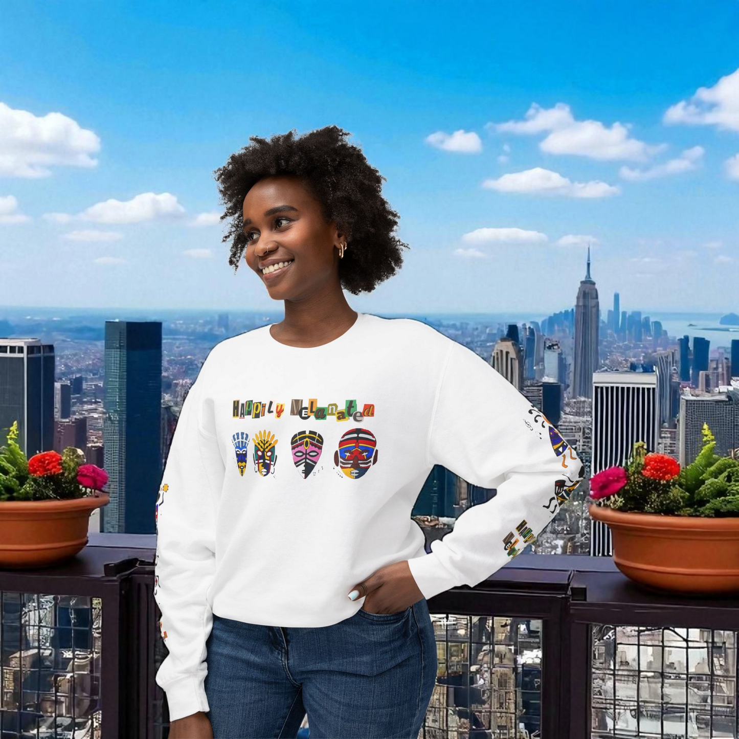 Handcrafted Afro Music Cartoon Graphic Unisex Lightweight Crewneck Sweatshirt