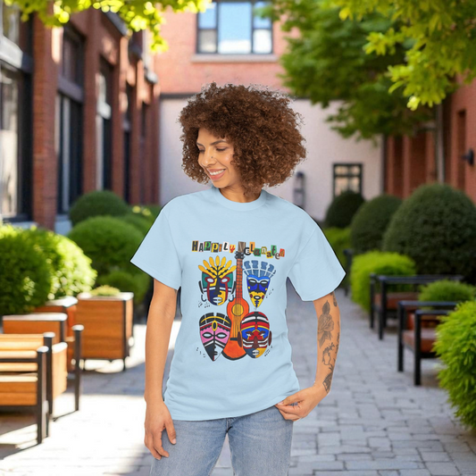 Guitar Art Tribal Masks Unisex Tee, Music Lover Graphic Shirt, Unique Handcrafted Tee