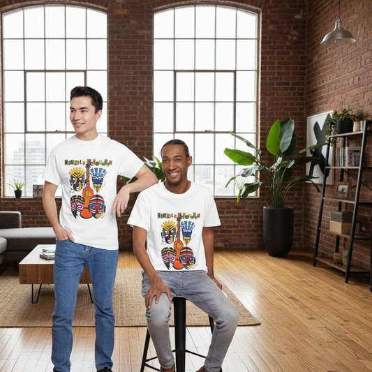 Guitar Art Tribal Masks Unisex Tee, Music Lover Graphic Shirt, Unique Handcrafted Tee