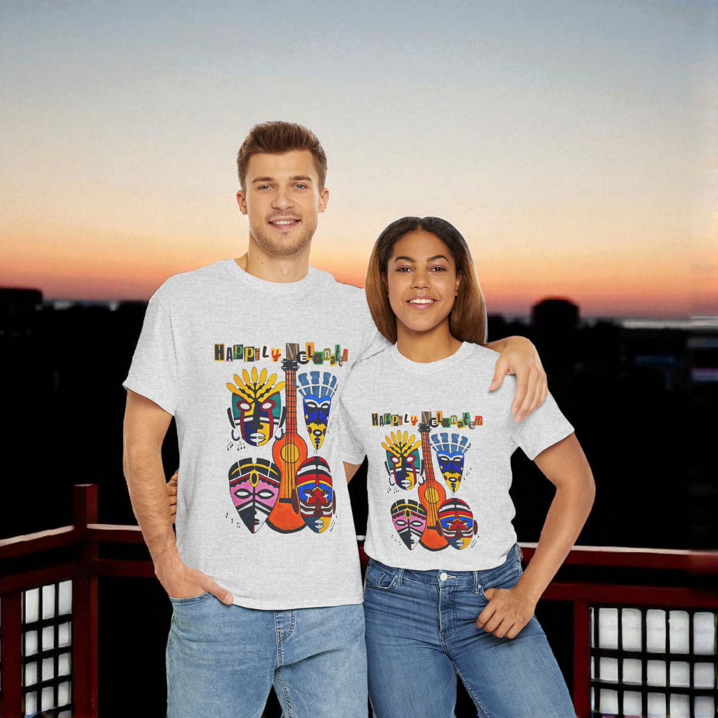Guitar Art Tribal Masks Unisex Tee, Music Lover Graphic Shirt, Unique Handcrafted Tee