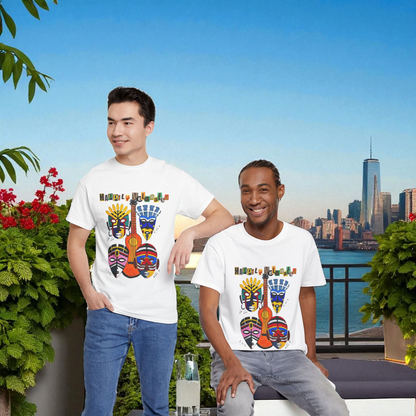 Guitar Art Tribal Masks Unisex Tee, Music Lover Graphic Shirt, Unique Handcrafted Tee