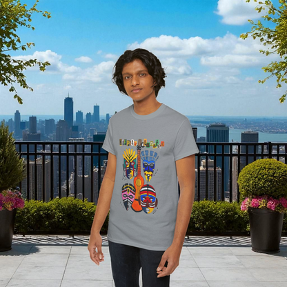 Guitar Art Tribal Masks Unisex Tee, Music Lover Graphic Shirt, Unique Handcrafted Tee