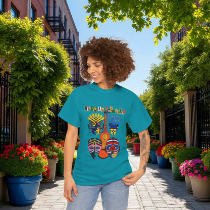 Guitar Art Tribal Masks Unisex Tee, Music Lover Graphic Shirt, Unique Handcrafted Tee